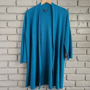 Eileen Fisher XL Teal Blue Linen Blend Open Front Ribbed Longline Cardigan F20